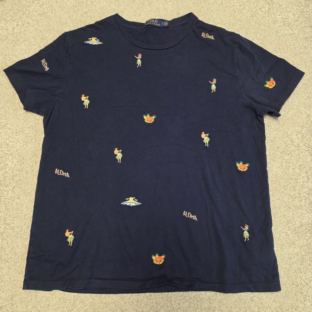 Polo Ralph Lauren Embroidered Hawaiian‎ Aloha Hula Navy T Shirt Men's Large